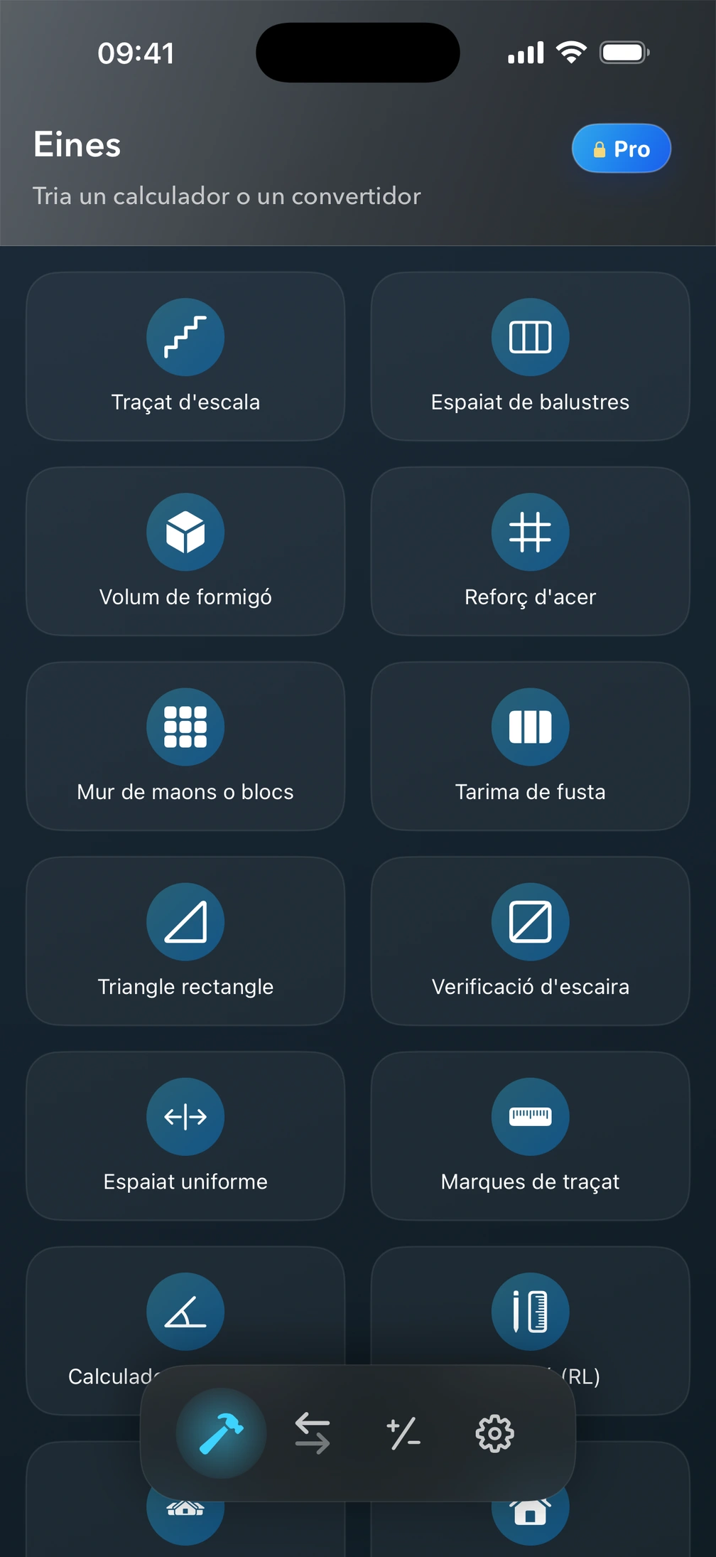 Pantalla Eines de Pro² amb calculadores de construcció.