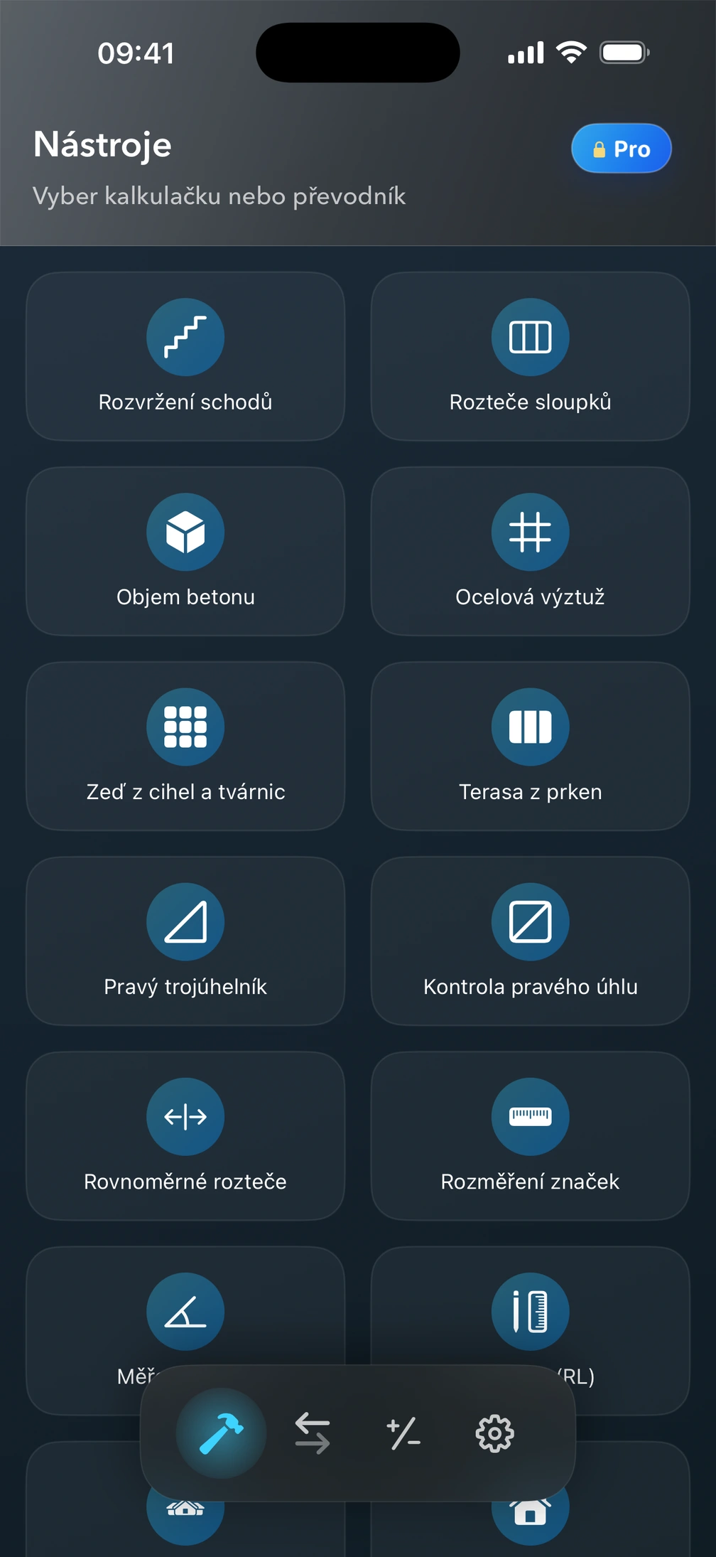 Obrazovka Nástroje v Pro² se stavebními kalkulačkami.