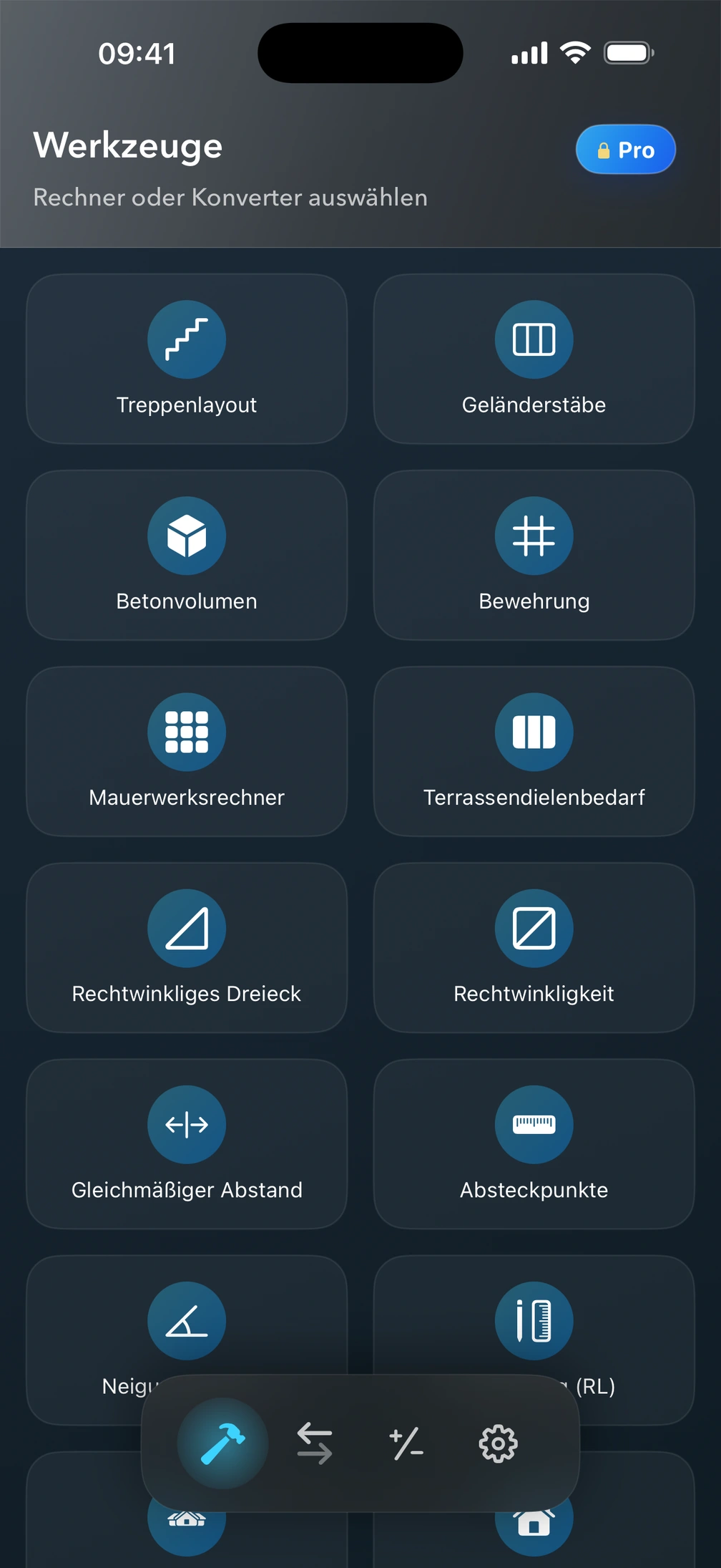 Pro²-Werkzeugübersicht mit Baurechnern.