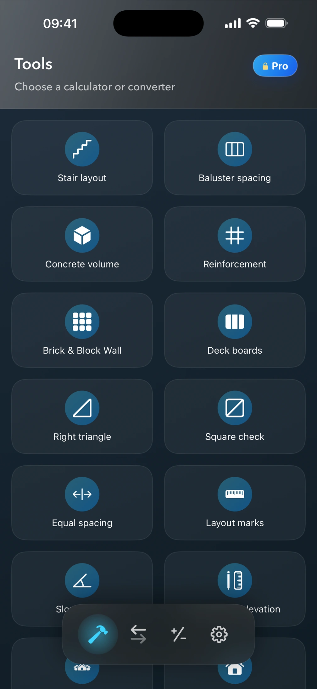 Pro² Tools screen with construction calculators.