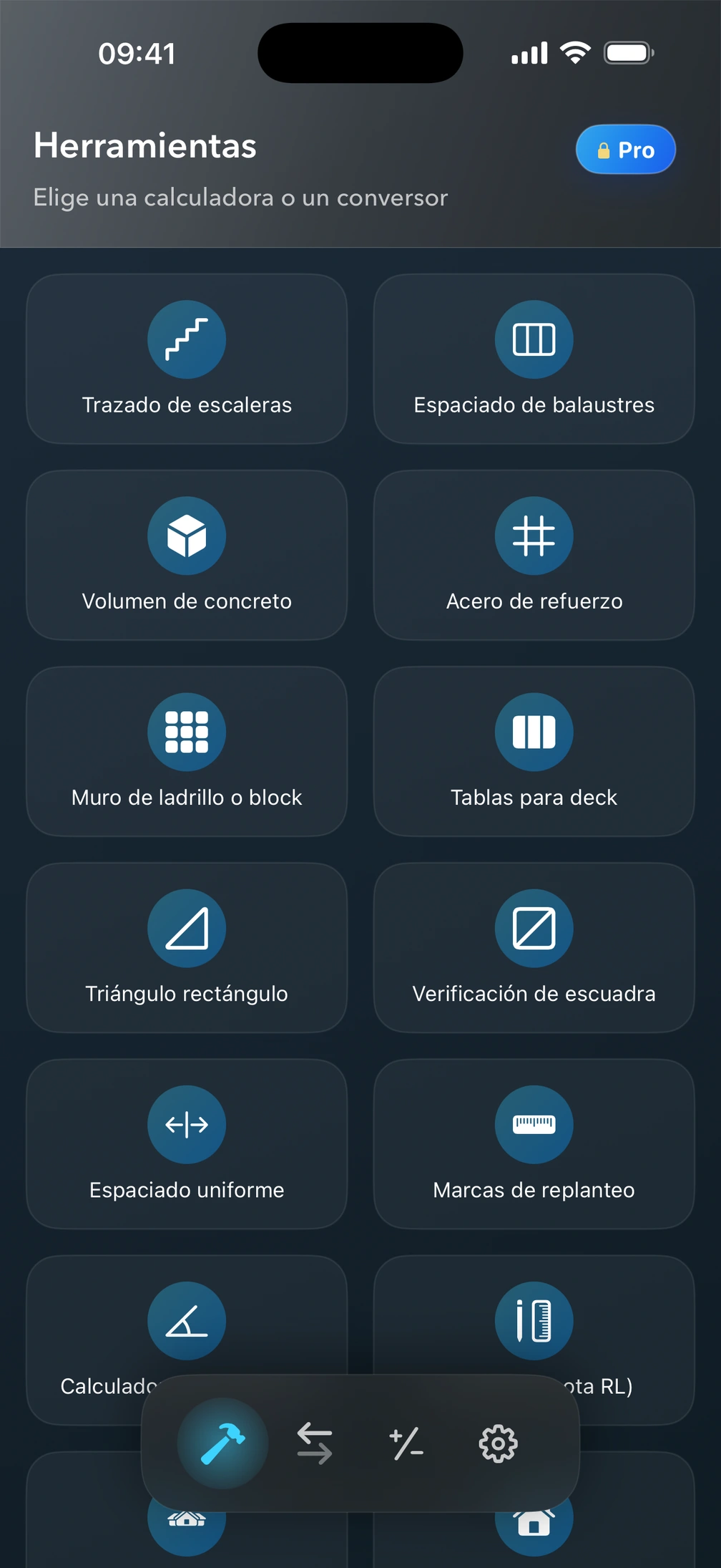 Pantalla de herramientas de Pro² con calculadoras de construcción.