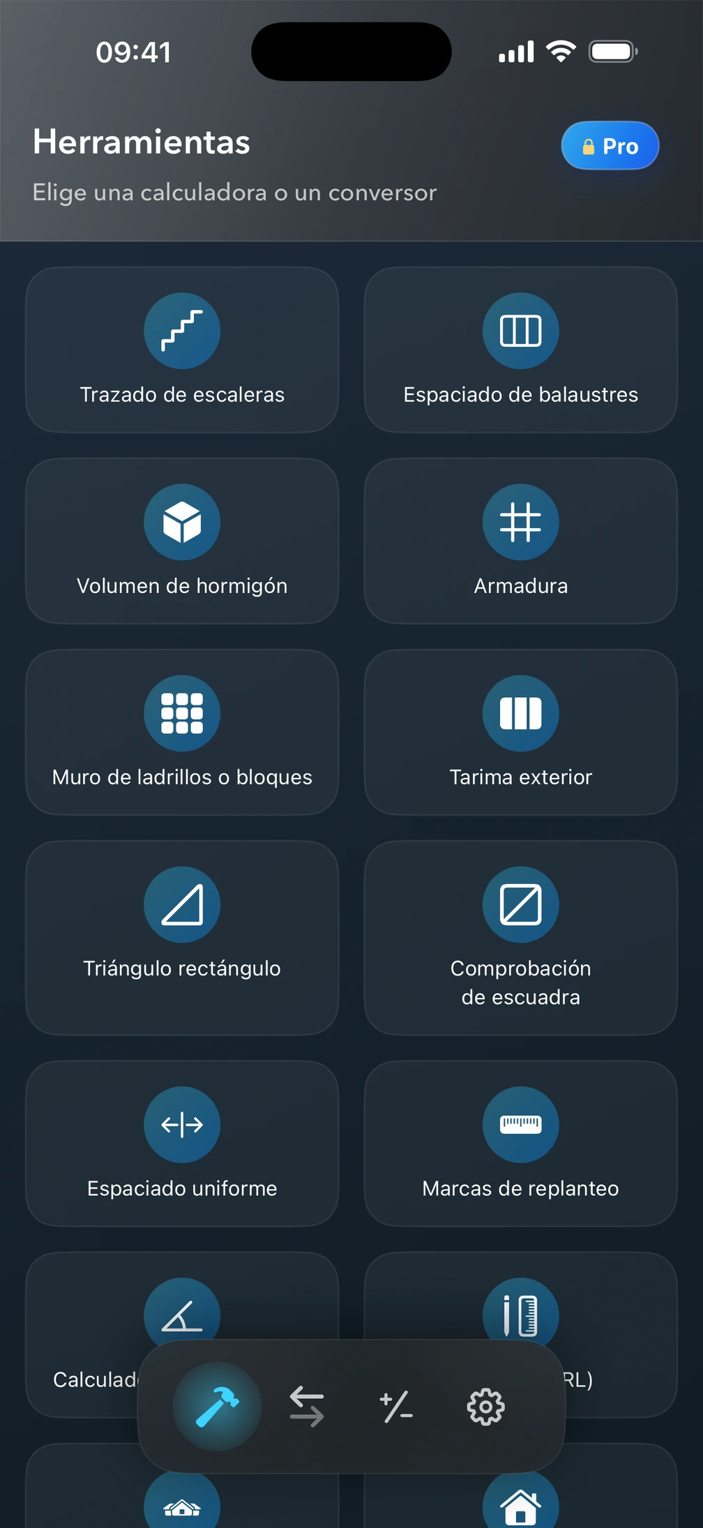 Pantalla Herramientas de Pro² con calculadoras de construcción.