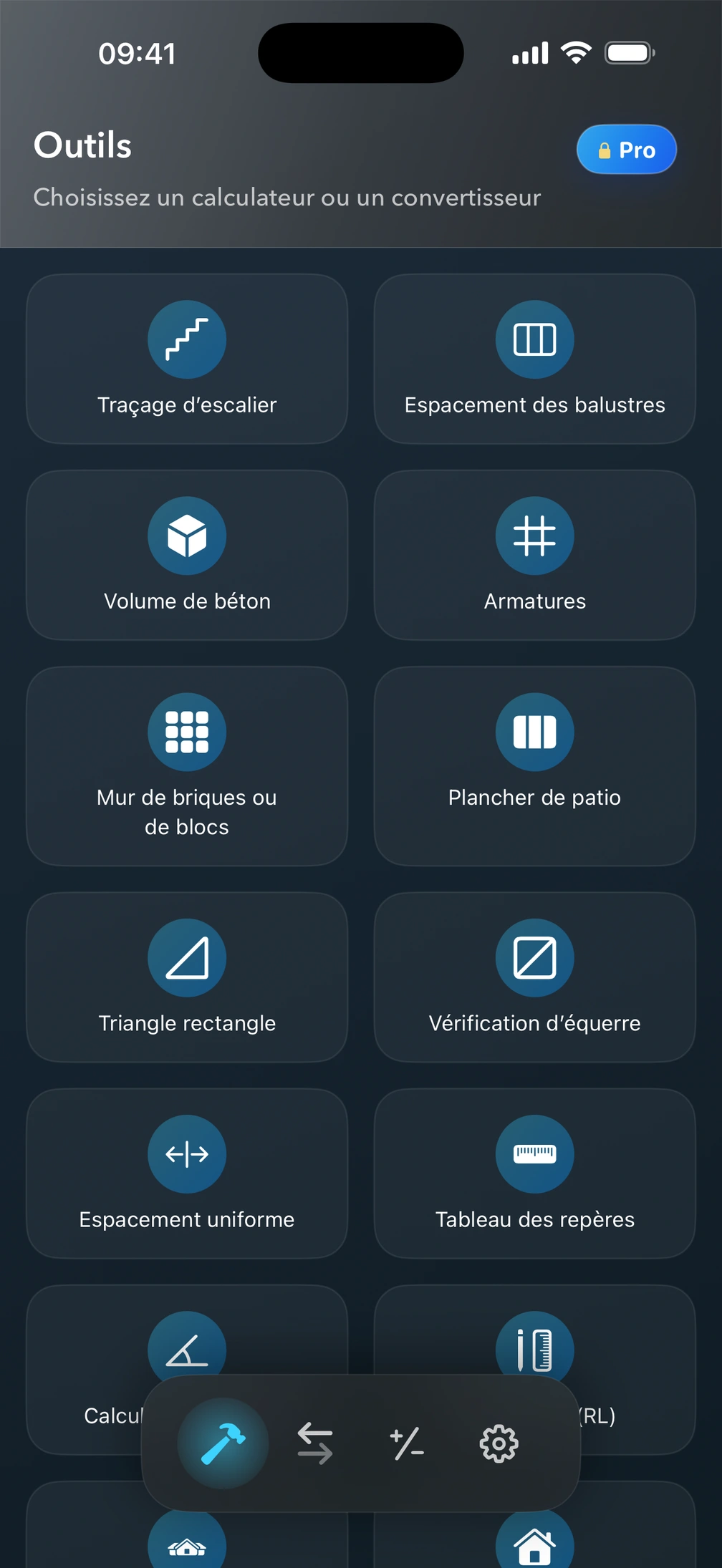 Écran Outils de Pro² montrant les calculateurs de construction.