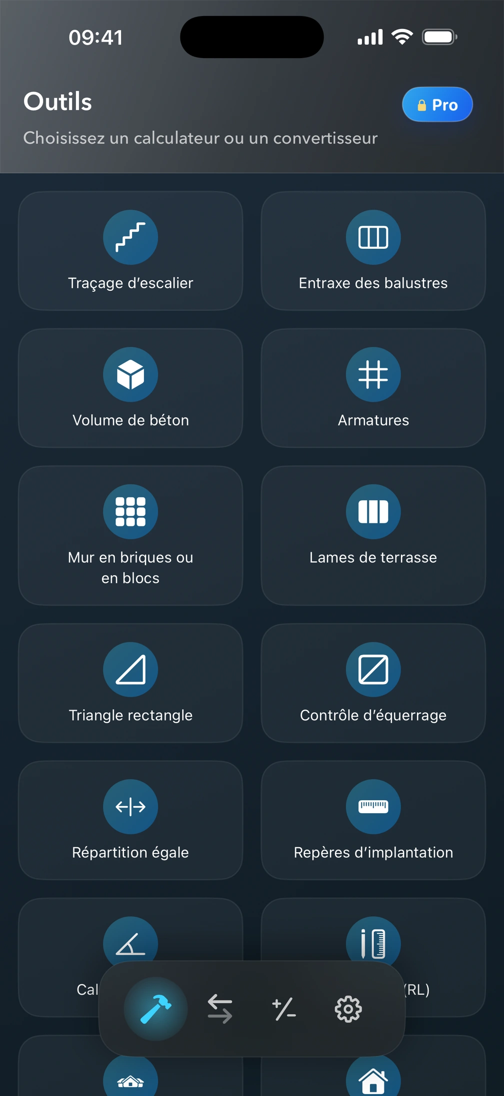 Écran Outils de Pro² présentant les calculateurs de chantier.