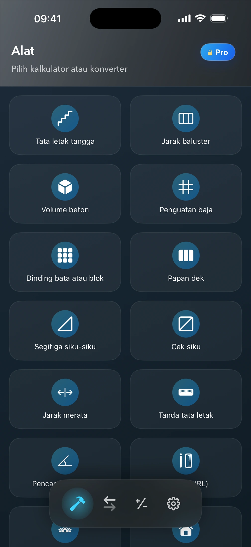 Layar Alat Pro² dengan berbagai kalkulator konstruksi.