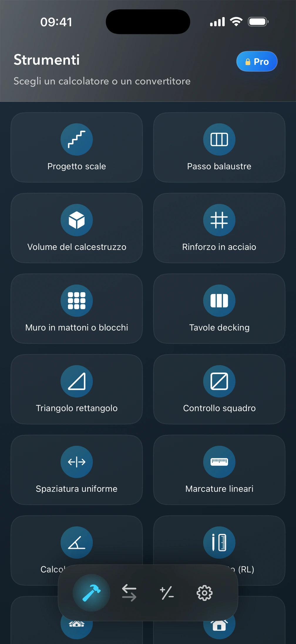 Schermata Strumenti di Pro² con i calcolatori per l’edilizia.