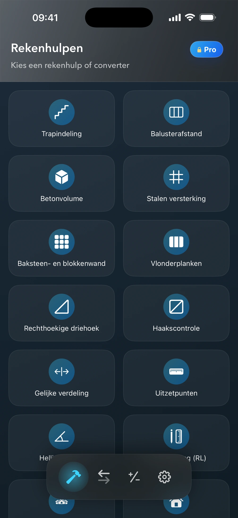 Scherm met bouwcalculators in Pro².