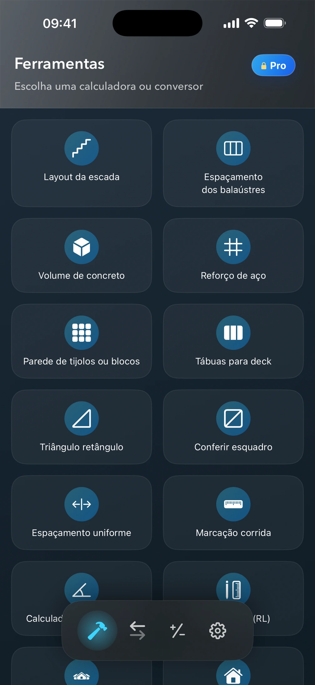 Tela Ferramentas do Pro² com calculadoras para construção.