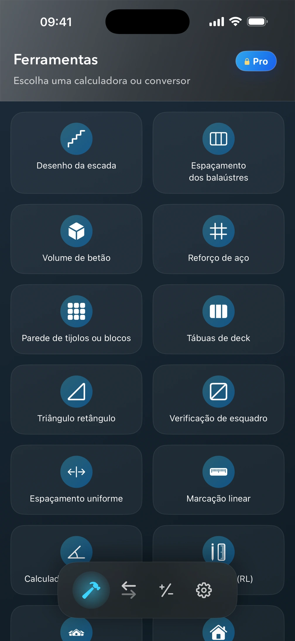 Ecrã «Ferramentas» do Pro² com calculadoras de obra.