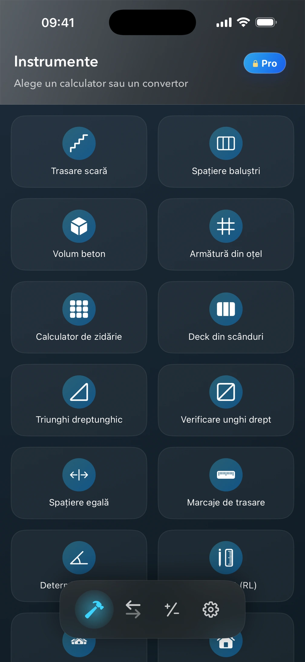 Ecranul Instrumente din Pro², cu calculatoare pentru construcții.