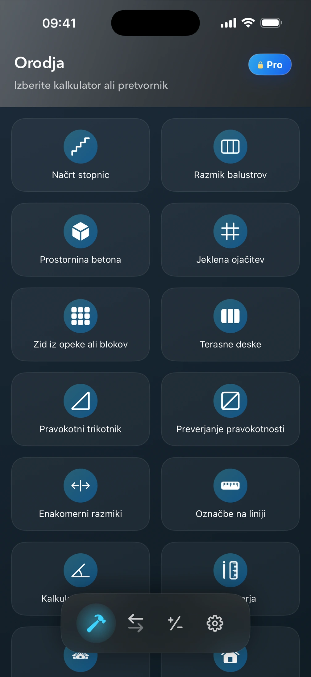 Zaslon Orodja v Pro² z gradbenimi kalkulatorji.