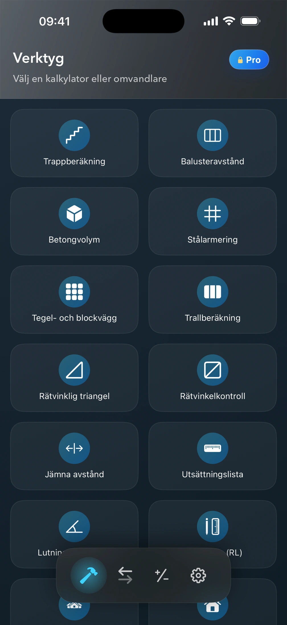 Skärmen Verktyg i Pro² med byggkalkylatorer.