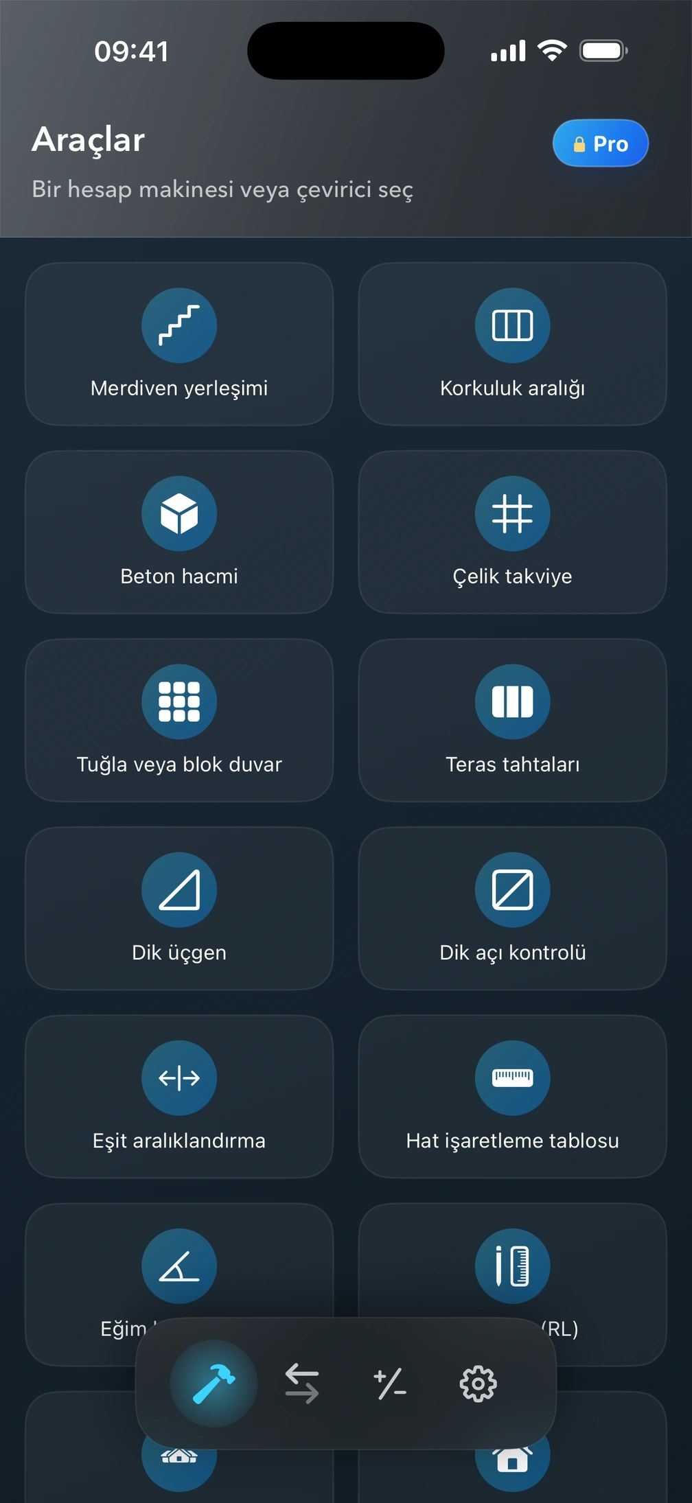 İnşaat hesaplayıcılarıyla Pro² Araçlar ekranı.