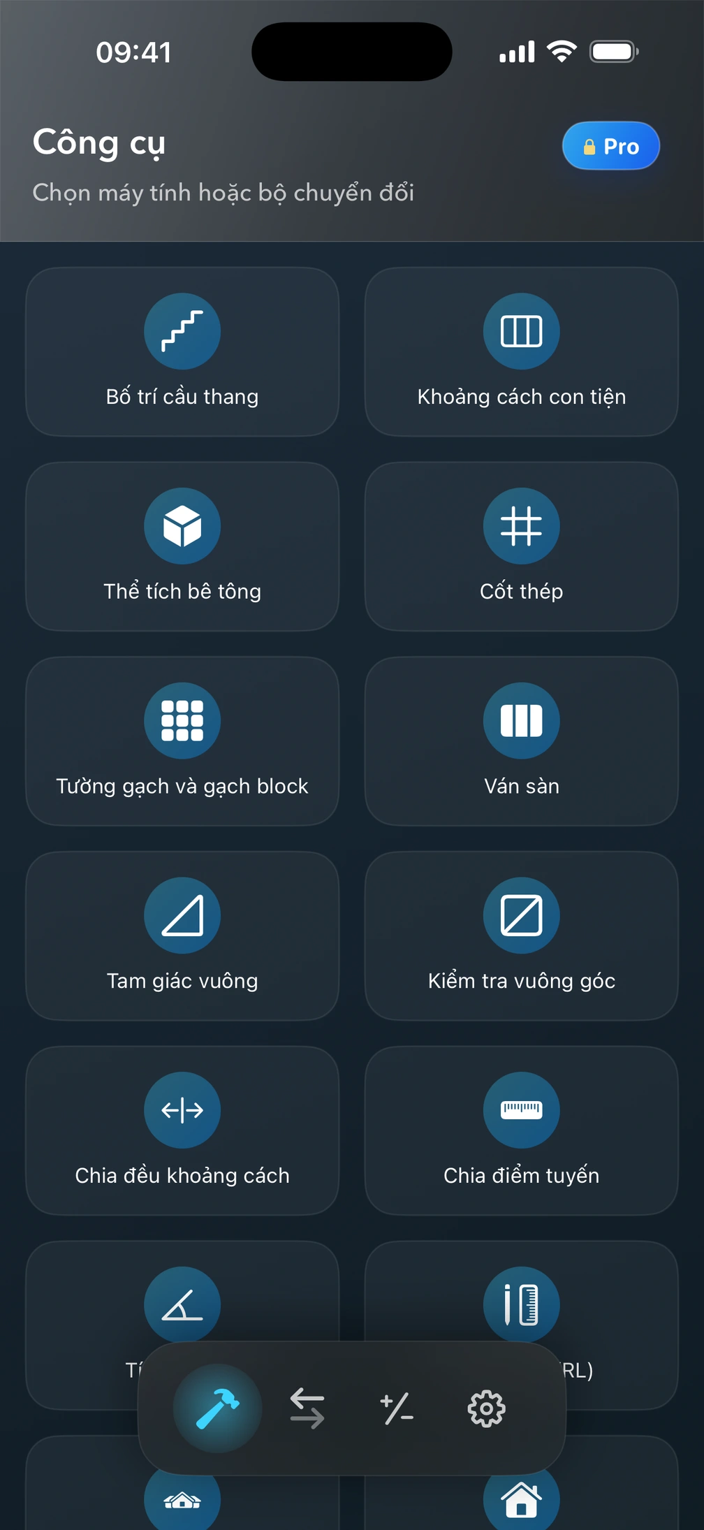 Màn hình Công cụ của Pro² với các công cụ tính xây dựng.
